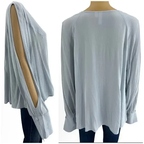BP Brass Plum LARGE NWT Gray Top Blouse Long Split Sleeve V Neck - Picture 8 of 9